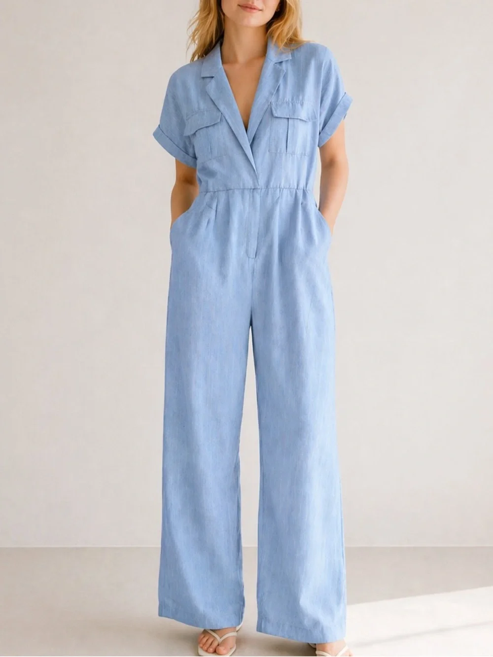 ππ¦Alani Light Blue Linen Blend Jumpsuit NWOT Size L Wide Leg Romper Collared - Picture 1 of 16